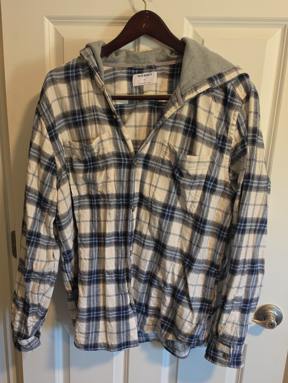 Old Navy Navy & Cream Plaid Hooded Flannel Shirt Jacket